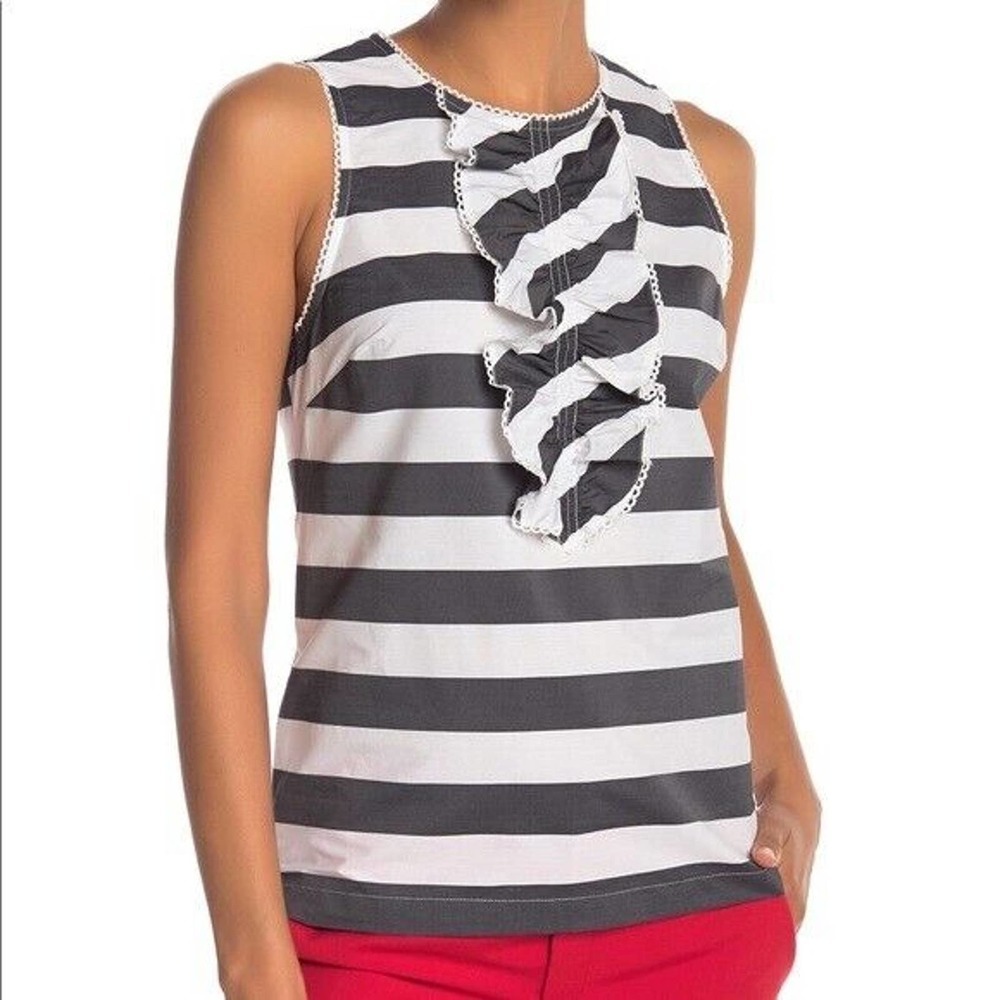 Trina Turk Evergreen Black and White Striped Ruffle Front Top Sz XS